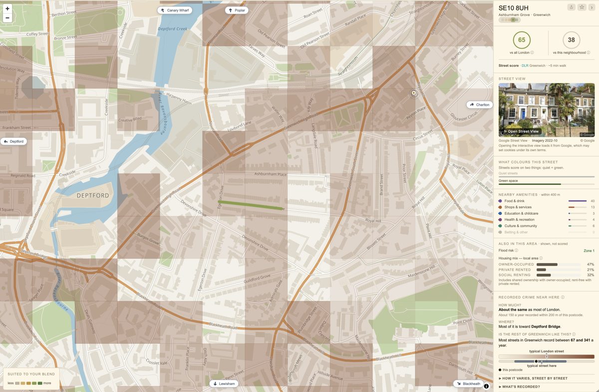 A Locatio street map with the recorded-crime shading switched on, beside a postcode&rsquo;s crime panel